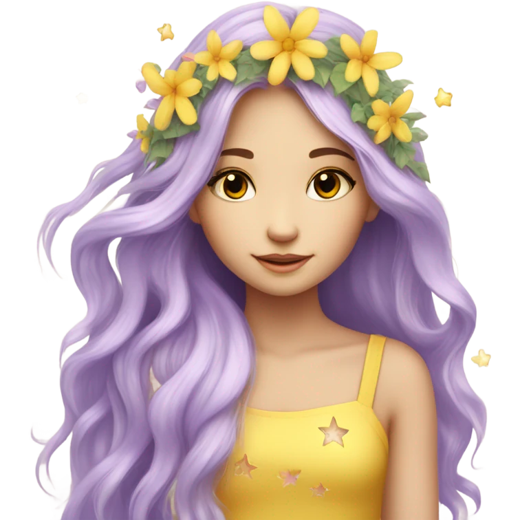 Beauty, long hair with little stars, flower fairy, yellow, lilac, garden emoji