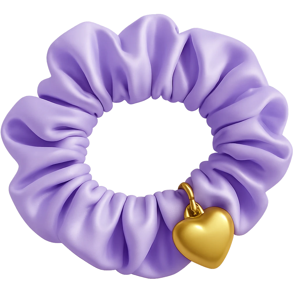 Add a small gold heart charm to the pastel purple silky scrunchie, keep the 3D emoji style and shimmer effect. The style is 3D emoji with a shiny, smooth, and realistic look. Remove the background. emoji