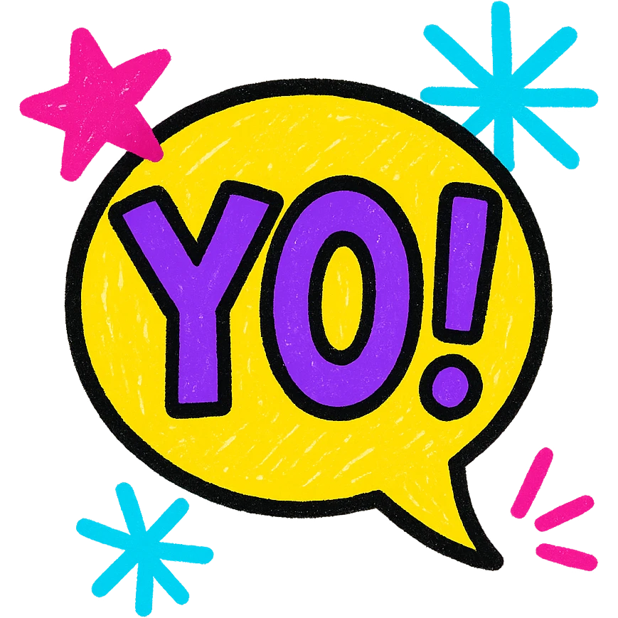 the word 'YO!' in purple, bold sans-serif font, cheerful and approachable emoji