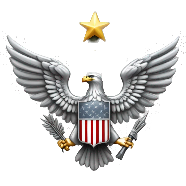 Create an emoji of a silver US Army O-6 Colonel insignia: a detailed silver eagle with outstretched wings, clutching arrows and bearing a shield on its chest. Ensure the background is transparent. emoji