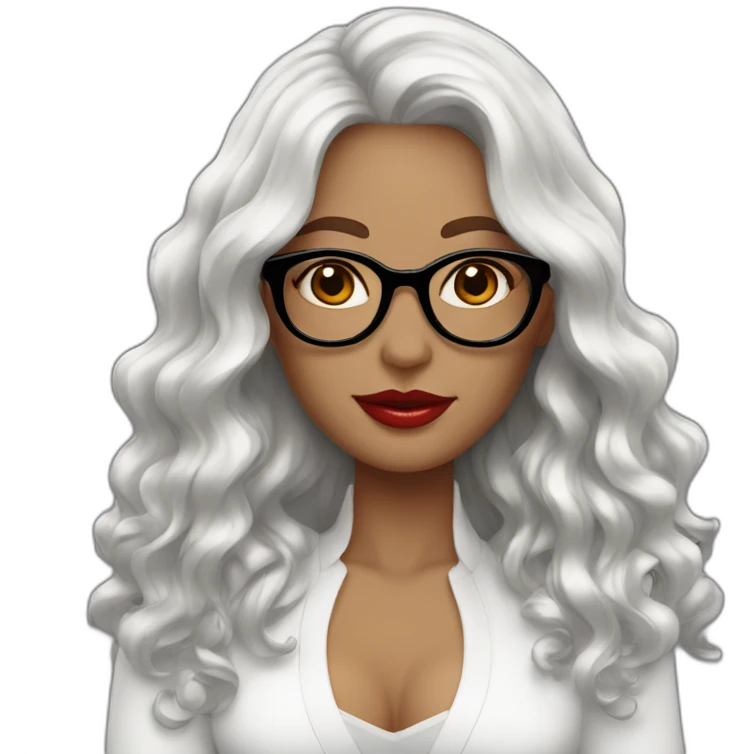 Woman; white; round white glasses; dark redhead; long leigh hair; wave hair; red lips emoji