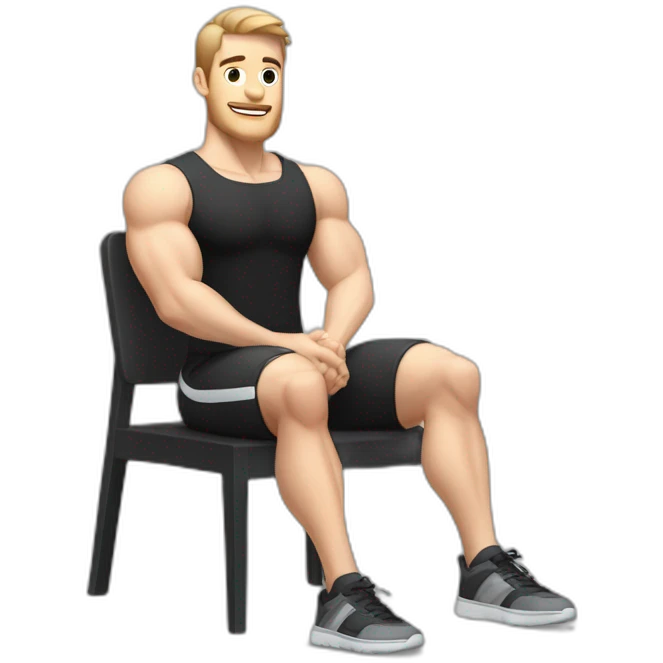 Pale skinned Fit Man With the biceps and dark brown hair in black shirt, gray sports shorts and white Sneakers Sitting on a chair emoji