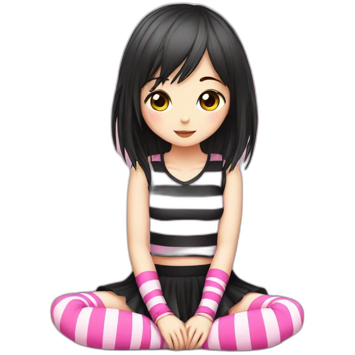 full body Front view emo girl sits on the floor black skirt pink knickers striped stockings emoji