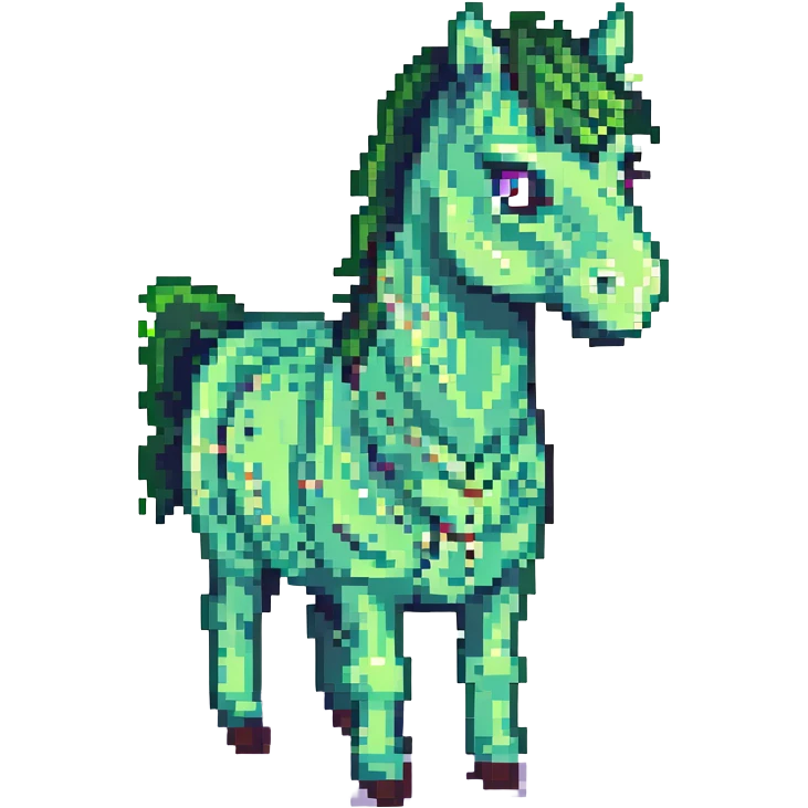 Make the green horse look surprised in pixel art style with no background. emoji