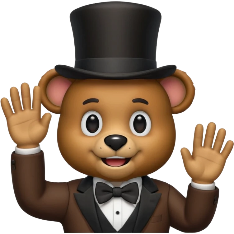 Freddy Fazbear as a cute emoji, waving, brown animatronic bear, black top hat, bow tie, happy face emoji