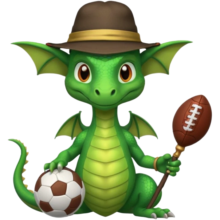 ein Drache mit einem Zauberstab in der Hand  und einen Hud  auf dem kopf,ein Fussball in der anderen hand emoji