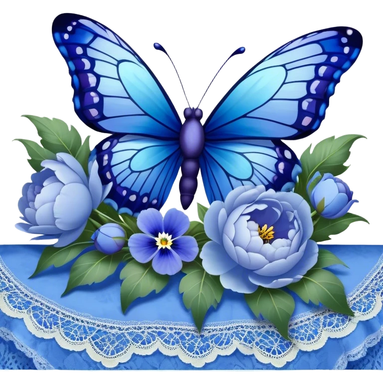A radiant butterfly with ocean blue and periwinkle wings, adorned with intricate patterns resembling stained glass, fluttering around a bouquet of lush, ruffled pastel blue peonies and velvety royal blue pansies, resting on a vintage lace tablecloth. emoji