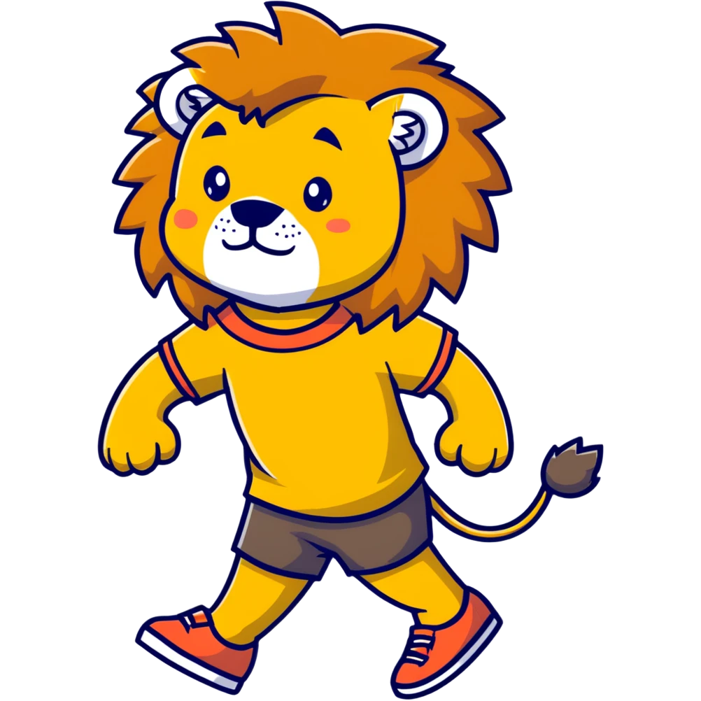 retro 1950s anthropomorphised lion in a t-shirt and shorts, walking emoji