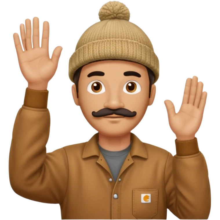 Woodworker thick straight mustache knit cap Carhartt shirt, one hand raised above head small eyes emoji