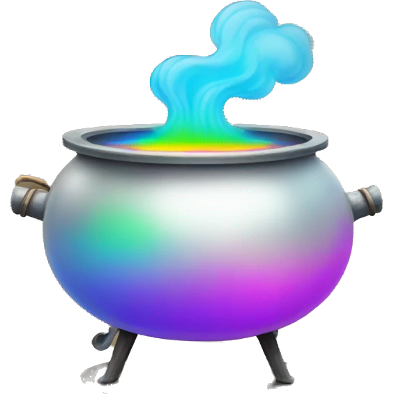 Cauldron with rainbow potion and white steam, under the kettle are fire emoji