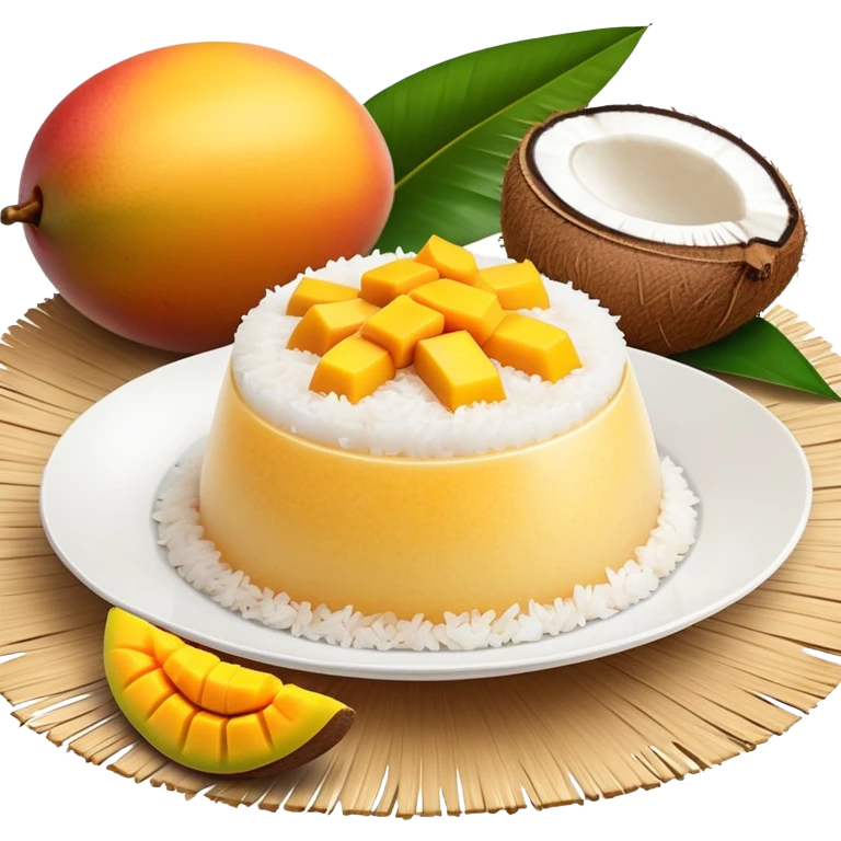 cinematic-realistic-mango-sticky-rice-dessert-emoji,-showcasing-sweet-sticky-rice out of a mould-paired-with-ripe-mango-slices-and-coconut-milk-rendered-with-lifelike-detail-and-warm,-inviting-lighting with the coconut  milk over the rice emoji