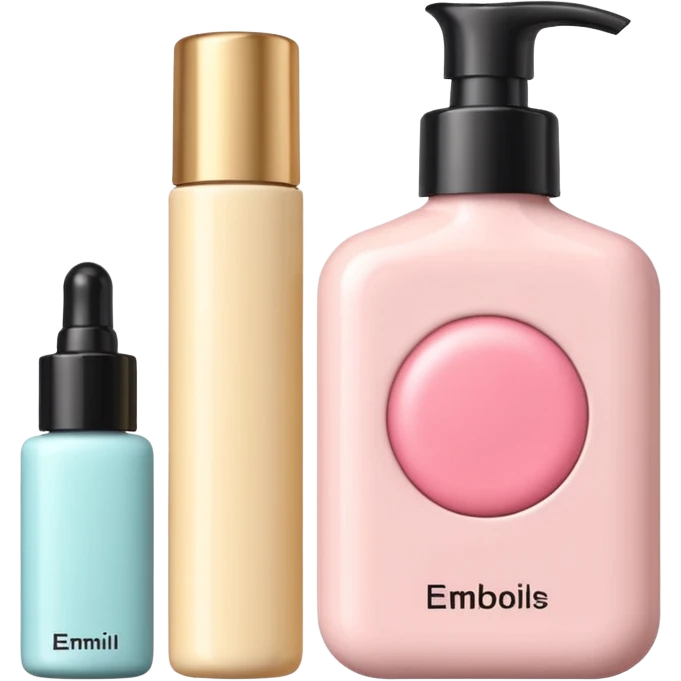 emoji of three different beauty products, with brand labels, minimalistic but luxury design (realistic), pastel colors emoji