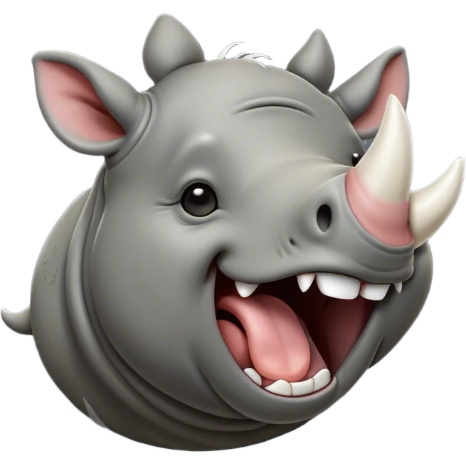 Cinematic Cute Yawning Rhinoceros Portrait Emoji, Head tilted slightly with a dramatic, wide-open yawn, showcasing a soft, textured slate-gray hide with a slightly drooping white horn and eyes barely open in drowsy contentment, Simplified yet irresistibly adorable features, highly detailed, glowing with a soft, cozy glow, high shine, relaxed yet expressive, stylized with a touch of rugged whimsy, bright and endearing, soft glowing outline, capturing the essence of a sleepy yet affectionate rhinoceros, so drowsy it feels like it could stretch out of the screen and curl up for a nap! emoji