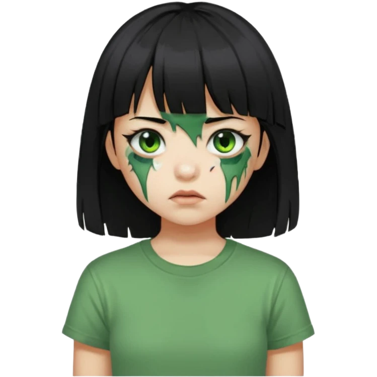 Garota de cabelo preto com franja com a pele verde e ferimentos expostos na cara, usa uma camiseta branca rasgada e suja de poeira  emoji