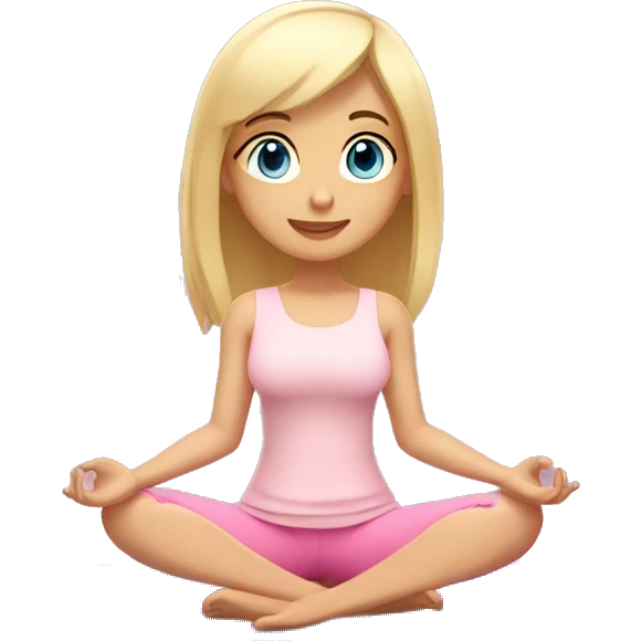 blonde with bangs and blue eyes yoga girl light pink clothes sitting on yoga mat emoji