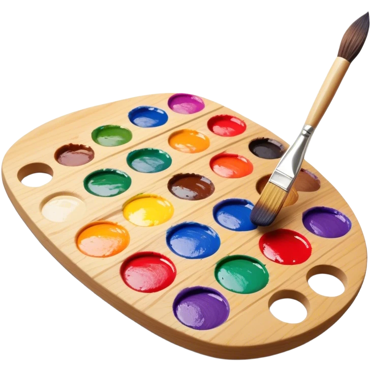 Cinematic Realistic image of a vibrant paint palette and brush, featuring a wooden palette smeared with an array of richly blended colors and a finely detailed brush with soft, delicate bristles, set against a softly textured background that evokes artistic inspiration emoji