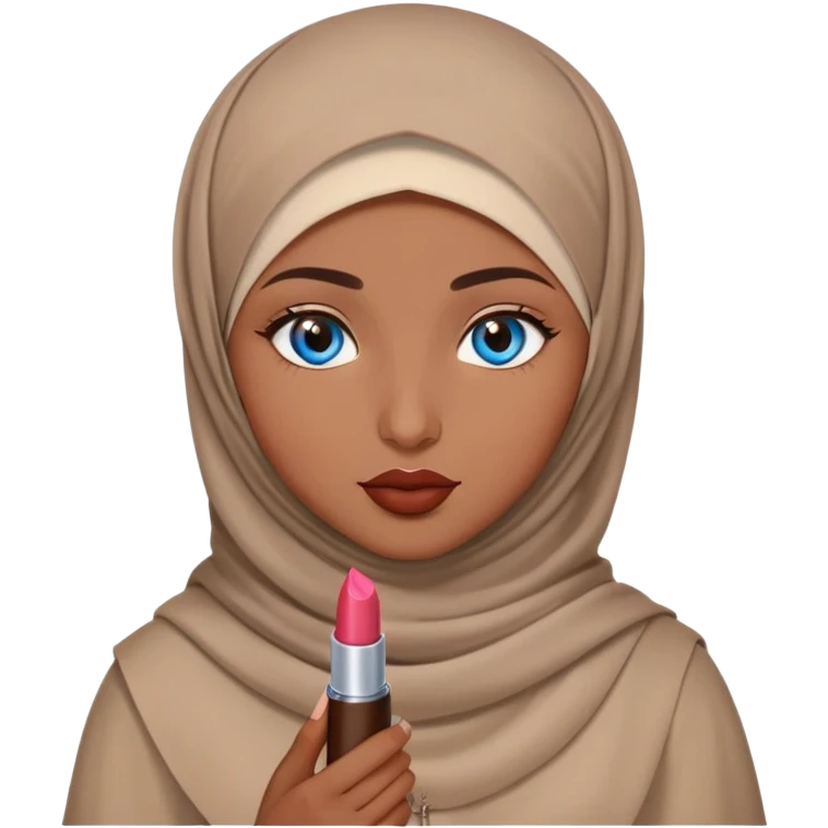 Turkish beautiful finish Konya girl blue eyes with brown beige hijab islamic dress and had on her hand lipstick emoji