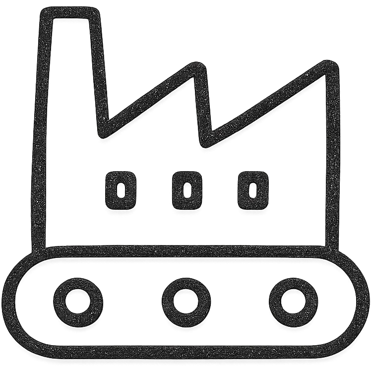 Google Material Design icon for 'Mass Production' illustrating a minimalist factory icon or simplified production line emoji