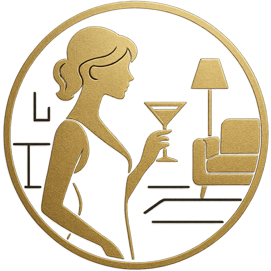 circular logo with a golden silhouette of a woman holding a martini glass, set against a black background with minimalistic modern interior elements like a couch and lamp. Vector-style, clean lines, embossed metallic effect emoji