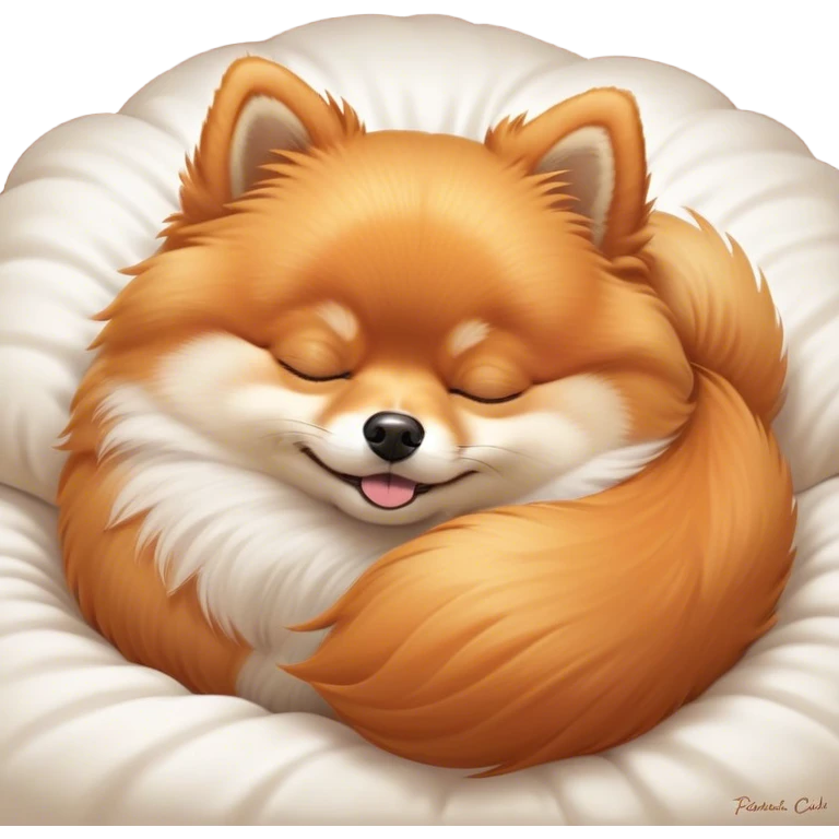 Meme-Worthy Cute Sleeping Orange Pomeranian Portrait Emoji, Head resting peacefully with a contented smile, showcasing a delightfully compact build and a luxuriously soft, fluffy orange Fur, eyes shut in a serene nap, Simplified yet hilariously adorable features, highly detailed, glowing with a soft, drowsy light, high shine, relaxed and utterly lovable, stylized with an air of playful laziness, bright and heartwarming, soft glowing outline, capturing the essence of a comically sleepy companion, so meme-worthy it feels like it could instantly become the next viral sensation of adorable slumber! emoji