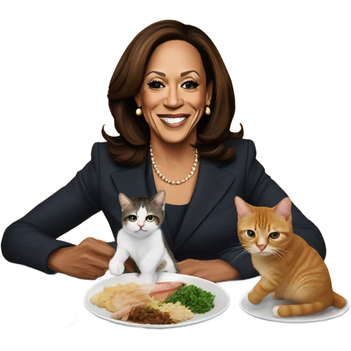 Kamala Harris is sitting at a table with a cat laying down on a plate. Kamala has silverware in her hand and her mouth is watering. emoji