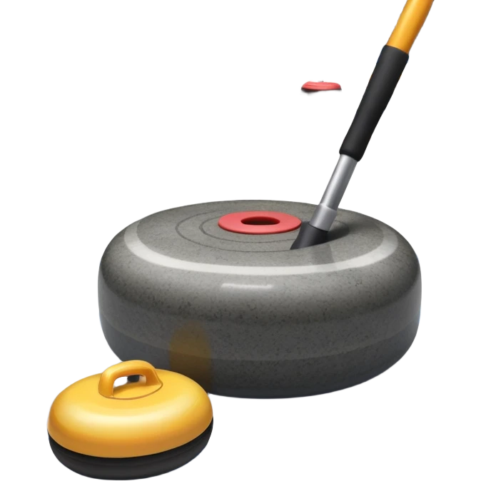 An icon showing a detailed close-up of a curling stone sliding across the ice, with a broom in motion beside it. The background features an indoor stadium with cheering spectators on the stands. Transparent background captures the strategy and focus of curling. emoji