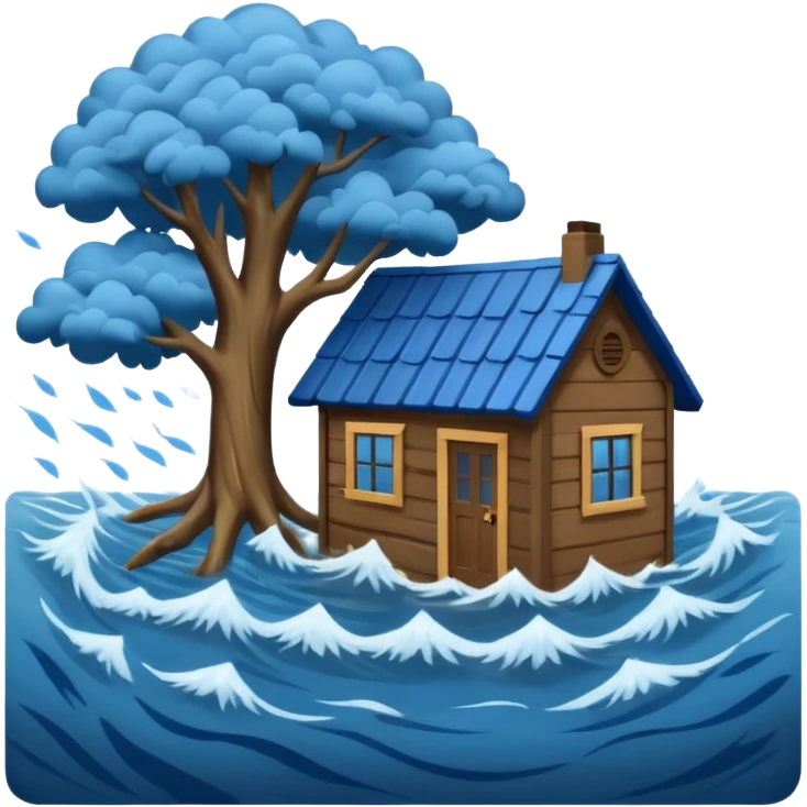 showing a flood disaster scene with powerful blue water waves carrying floating tree branches and wood pieces, small houses partially submerged, dark storm clouds above, heavy rain, realistic yet simple and clean emoji-style design emoji