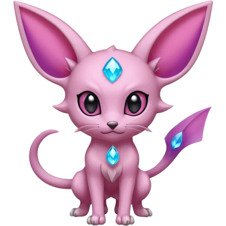 Espeon pokemon light pink body color with dark pink jewel in middle of forehead, spilt at end tail, two ear like flaps coming out 
of cheeks, inside of big pointy ears is blue
 
(full body) emoji
