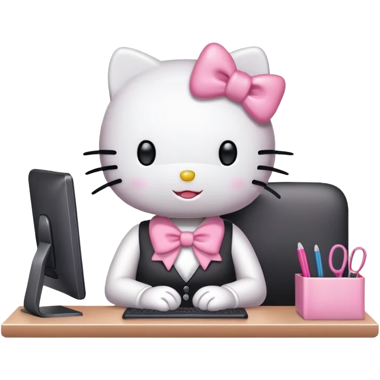 Hello Kitty working at office desk with computer emoji