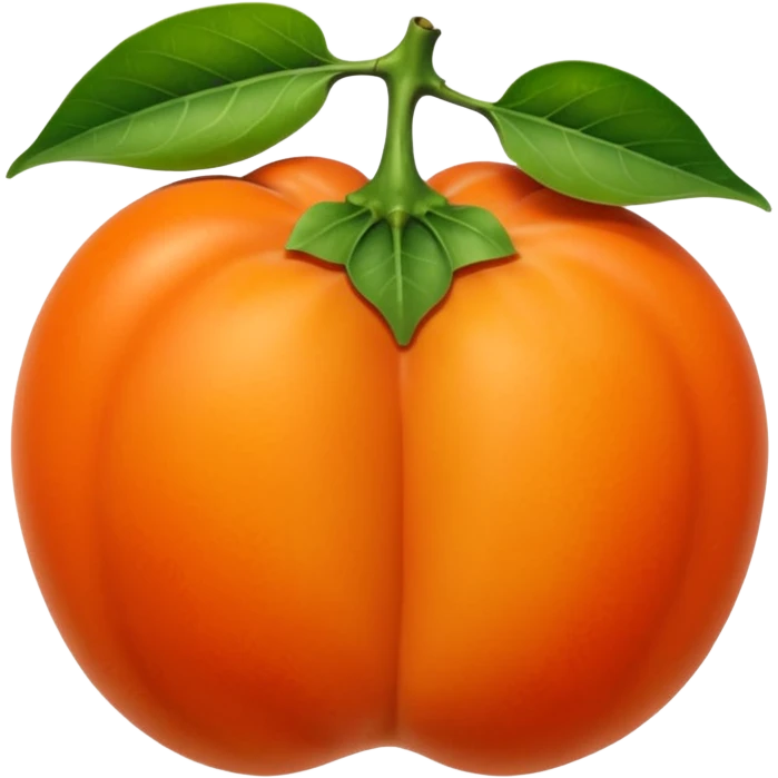 whole persimmon fruit with smooth glossy orange skin, flattened round shape, green leafy calyx on top with soft folds and natural texture, slightly dimpled surface suggesting ripeness and firmness, no leaf cut or extras, soft lighting, subtle shadows, emoji scale emoji