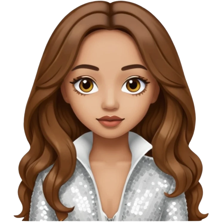Jade Thirlwall from Little Mix with long brown hair, white sequin outfit emoji