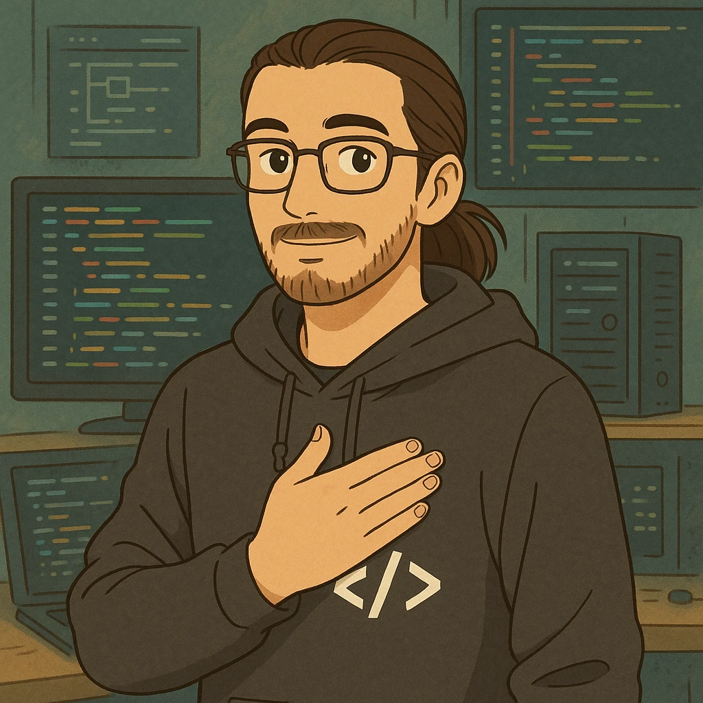 male software developer making 'eyvallah' gesture, right hand on chest, long brown hair tied back, glasses, short beard, light tan skin, wearing a hoodie with </> logo, tech and code background emoji