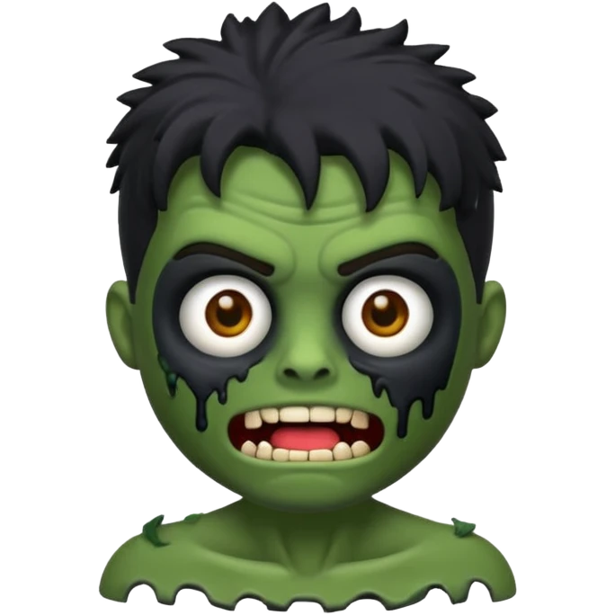 Quero um emoji de zumbi masculino, com cabelo preto, estilo desenho 3D como emoji, na mesma pose com as mãos levantadas para frente, expressão de zumbi com boca aberta e olhos meio caídos, pele verde acinzentada e roupa rasgada emoji