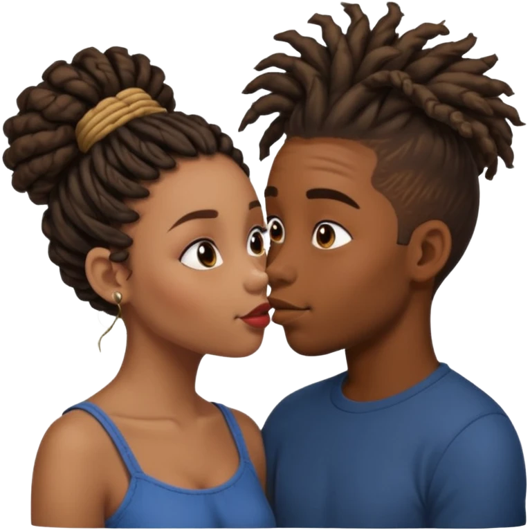 black boy with dreadlock kissing black girl with curly bun emoji