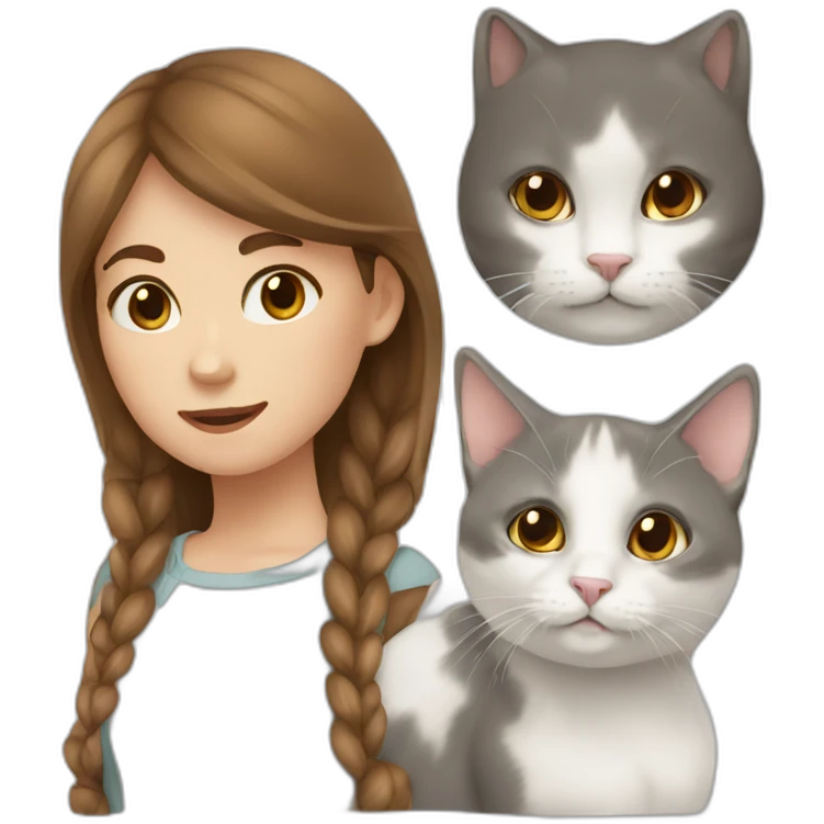 a girl with brown hair, a white cat and a gray cat emoji