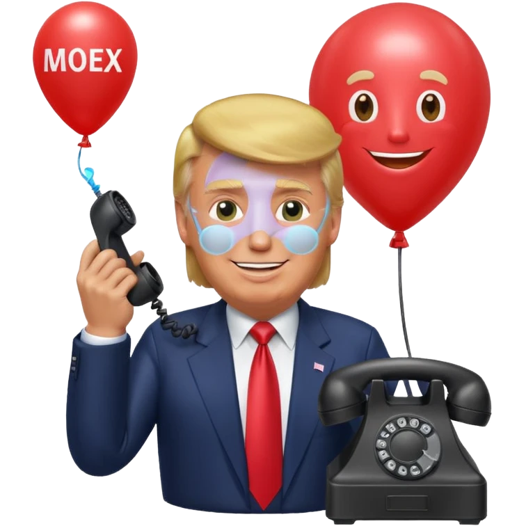 Дональд Трамп  улыбается в поте лица качает через насос в виде телефонного аппарата, который подключен к шарику, который символизирует фондовый рынок и на нём написано IMOEX emoji