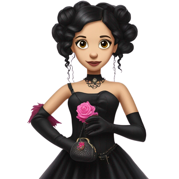healthy standing flirty Lavish black evening gown with see-through gloves, Jenna Ortega as Addams woman prom queen wearing a steampunk mini tiara, very large blood  pink evil-looking horned old dragon purse emoji
