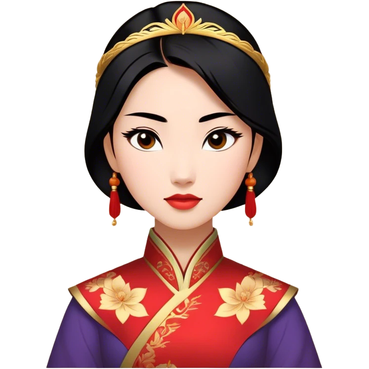 Cinematic Majestic Mulan Portrait Emoji, rendered in a clean, vector-style with bold, simplified shapes. Depict Mulan with a serene, noble expression, warm light skin, and neatly styled black hair, dressed in traditional attire featuring subtle red motifs and gold trim. The image glows with a calm, majestic aura, high shine, and a soft glowing outline, embodying classic elegance. emoji