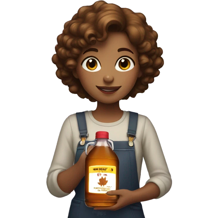 girl with short brown curly hair ,hlding a bottle of maple syrup emoji