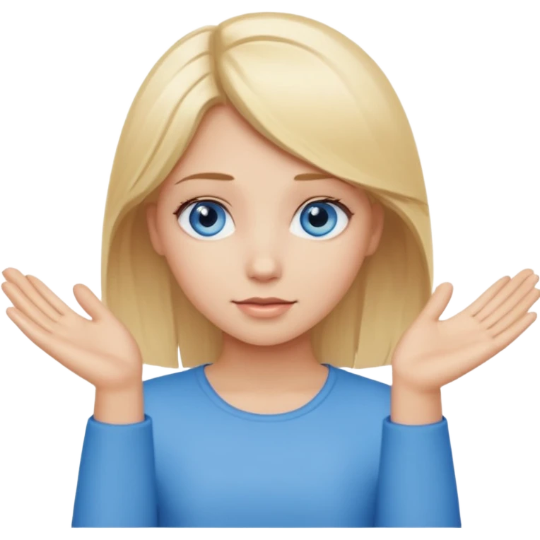 girl with blonde hair and blue eys with heands telling what  emoji