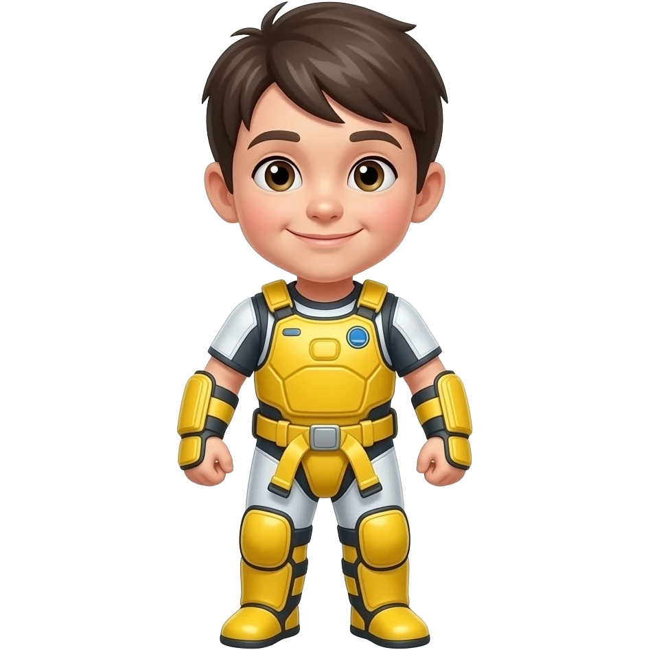 Identical stance, child in yellow pads with arms slightly bent, slight smile, centered composition.

 emoji