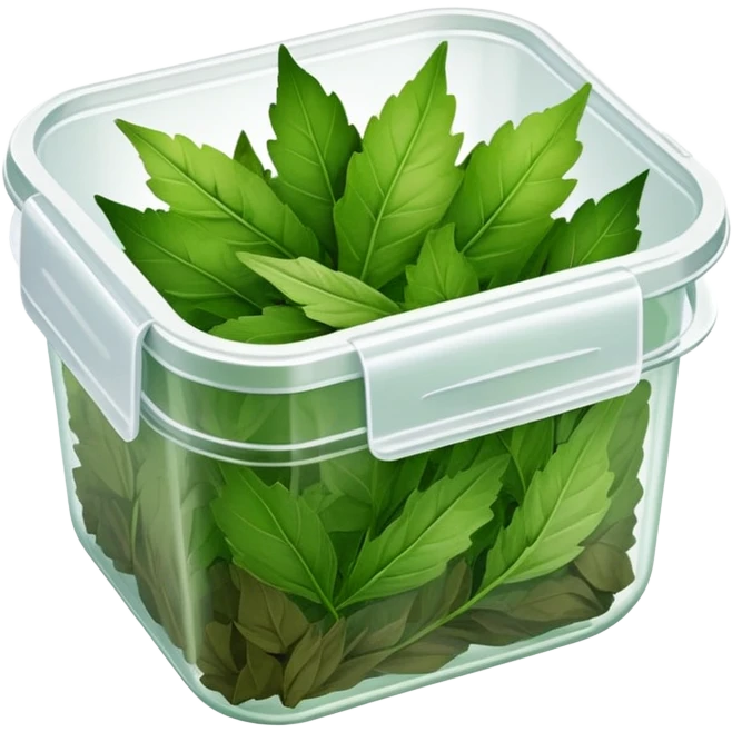 small plastic container with green dried herbal leaves which are clumped together emoji