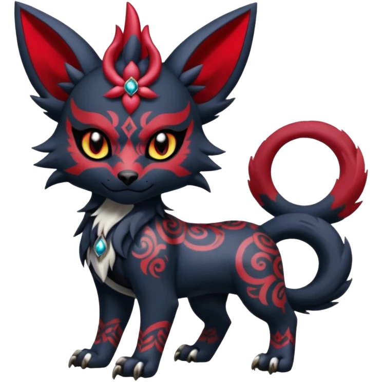 Asian-painted tattooed oriental Floral gothic edgy emo cool and ruby-jewelry-adorned Absol-Litten-Zorua-Houndour-fusion-Fakemon-animal-creature  emoji