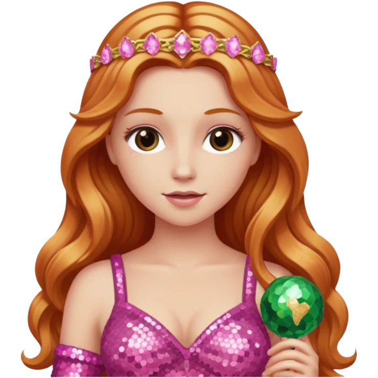 Venus, Goddess of Love with long reddish blonde hair, pink sequin outfit emoji