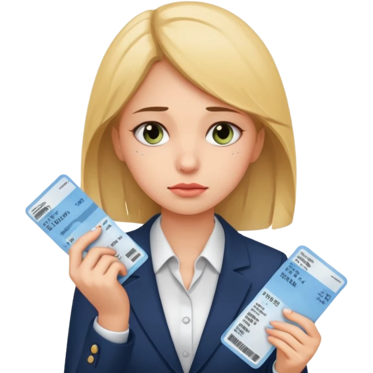 Девушка в офисном костюме, грустная, с билетами на самолет в руках  emoji