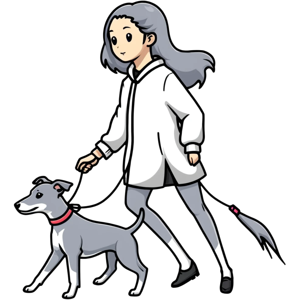 Japanese girl with flowing hair walking a solid grey greyhound with no white markings emoji