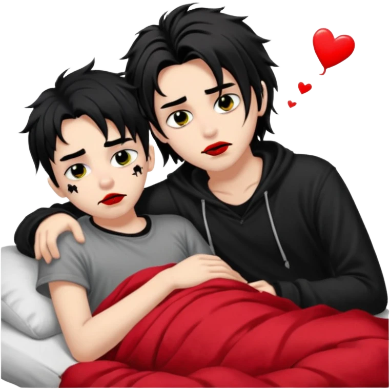 pale Goth boy with a bunch of face piercings, with shaggy dark brown hair, and messy black eyeliner , smudged, red, lipstick , having a slumber party with a tan gamer boy with long black hair  emoji