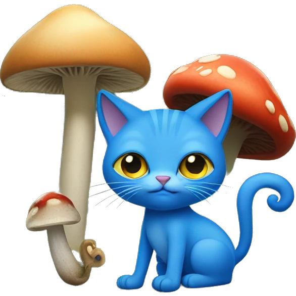 Blue cat in forest with mushroom hat and stick with snail on it  emoji
