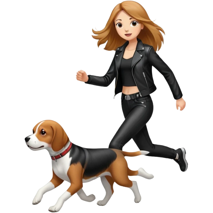 A beautiful tall girl with fair skin and long hair wearing a black leather jacket and black pants running with Beagle emoji