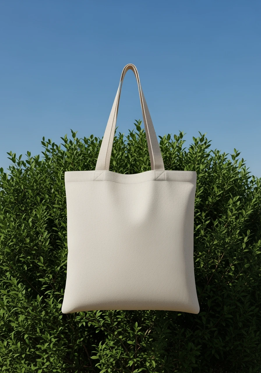 High-resolution mockup of a minimalist canvas tote bag, placed perfectly centered on the canvas. The tote bag is made of natural cotton fabric, light beige color, with a simple and elegant look. Background features a deep green organic bush, clean blue sky above, bright daylight, emoji